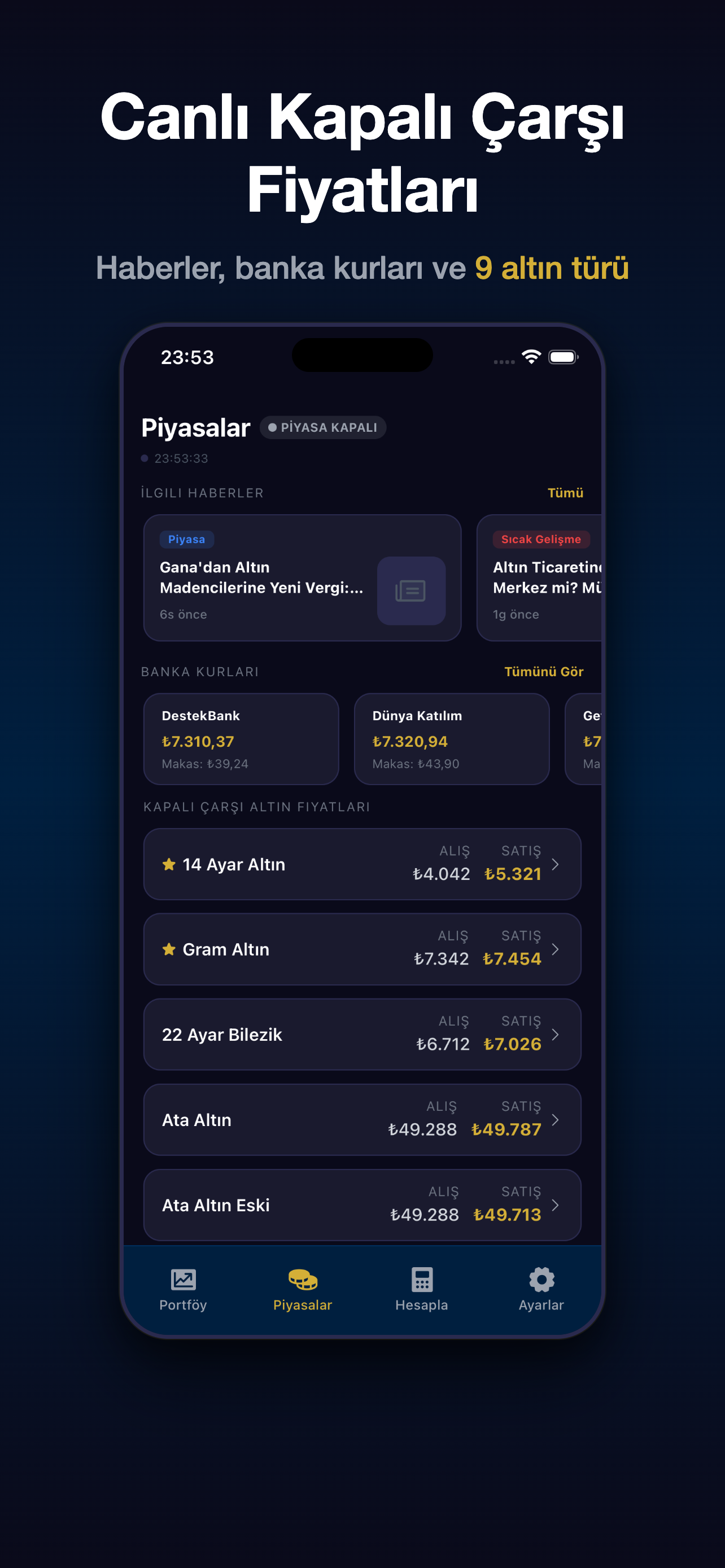 Çarşı - Altın Takibi Piyasa Takibi ekran görüntüsü — Canlı Kapalı Çarşı Fiyatları