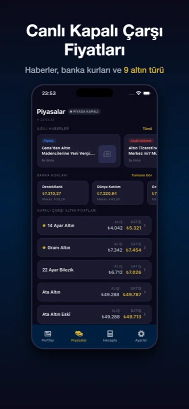 Çarşı - Altın Takibi Piyasa Takibi ekran görüntüsü — Canlı Kapalı Çarşı Fiyatları
